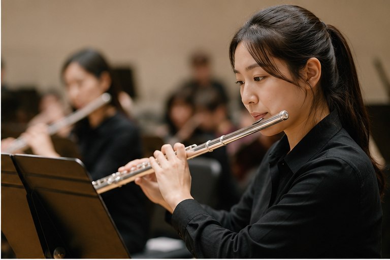 플루트 연주자의 연습 모습